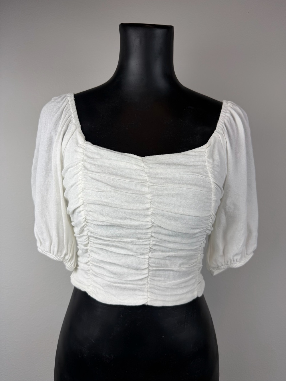 Altar'd State Cream Ruched Square-Neck Crop Top with Puff Sleeves